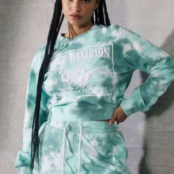 Women True Religion Buddha Green Tie Dye Shrunken Crop Sweatshirt - Size Medium - Picture 3 of 4